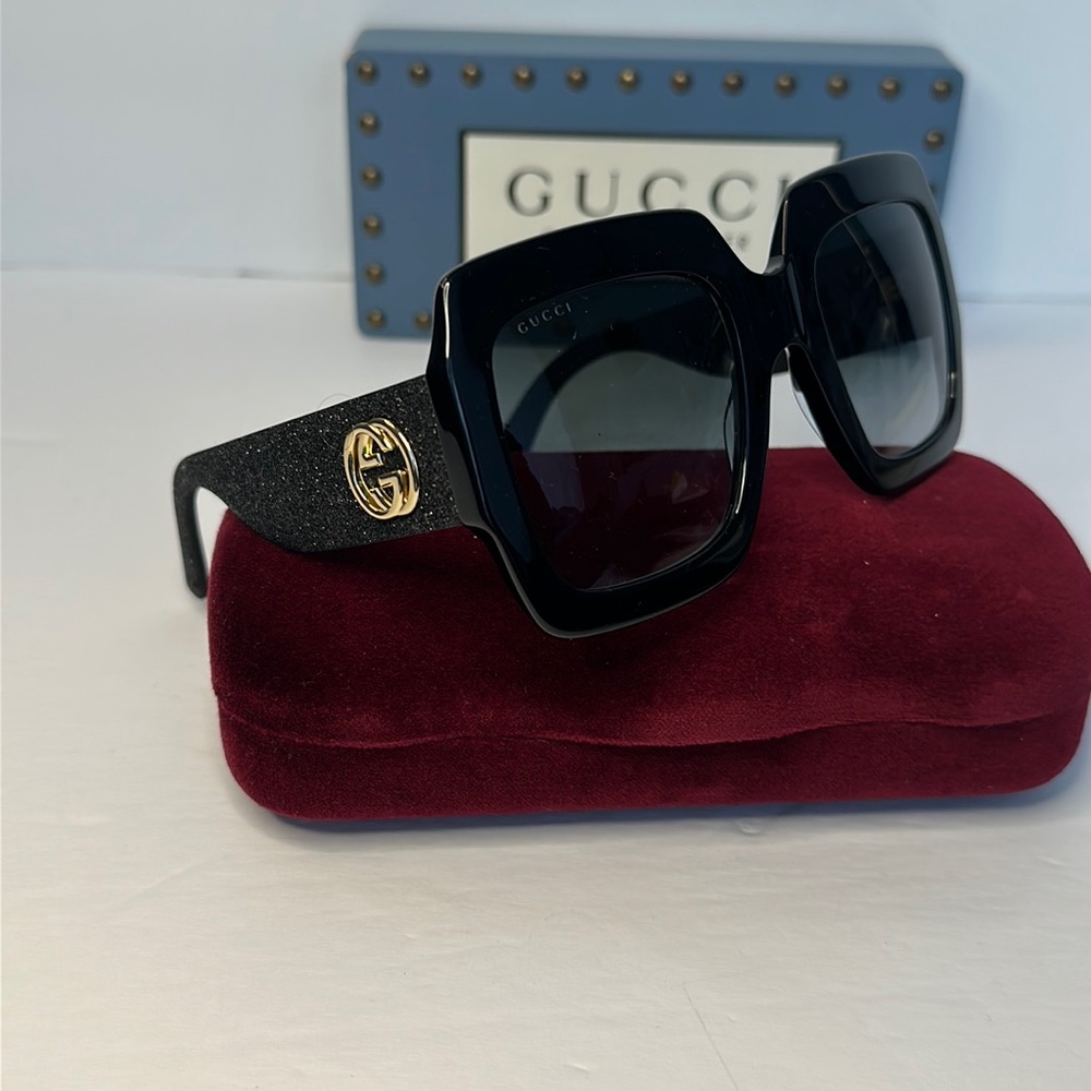 New Authentic GUCCI Square Frame Glitter GG0102S 001 Sunglasses Black - Picture 3 of 11